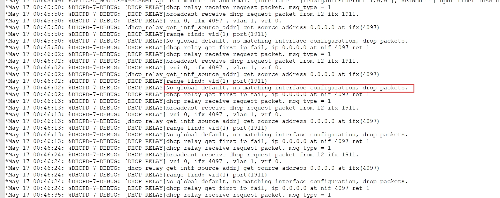 RG-N18E dhcp中继异常导致极光交换机无法获取ip地址